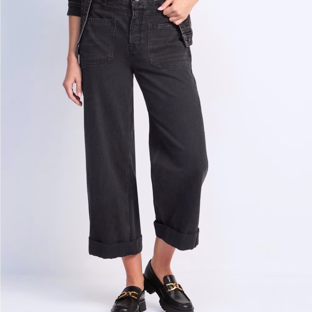 We The Free Black Wide-Leg Cropped Jeans with Cuffed Hem